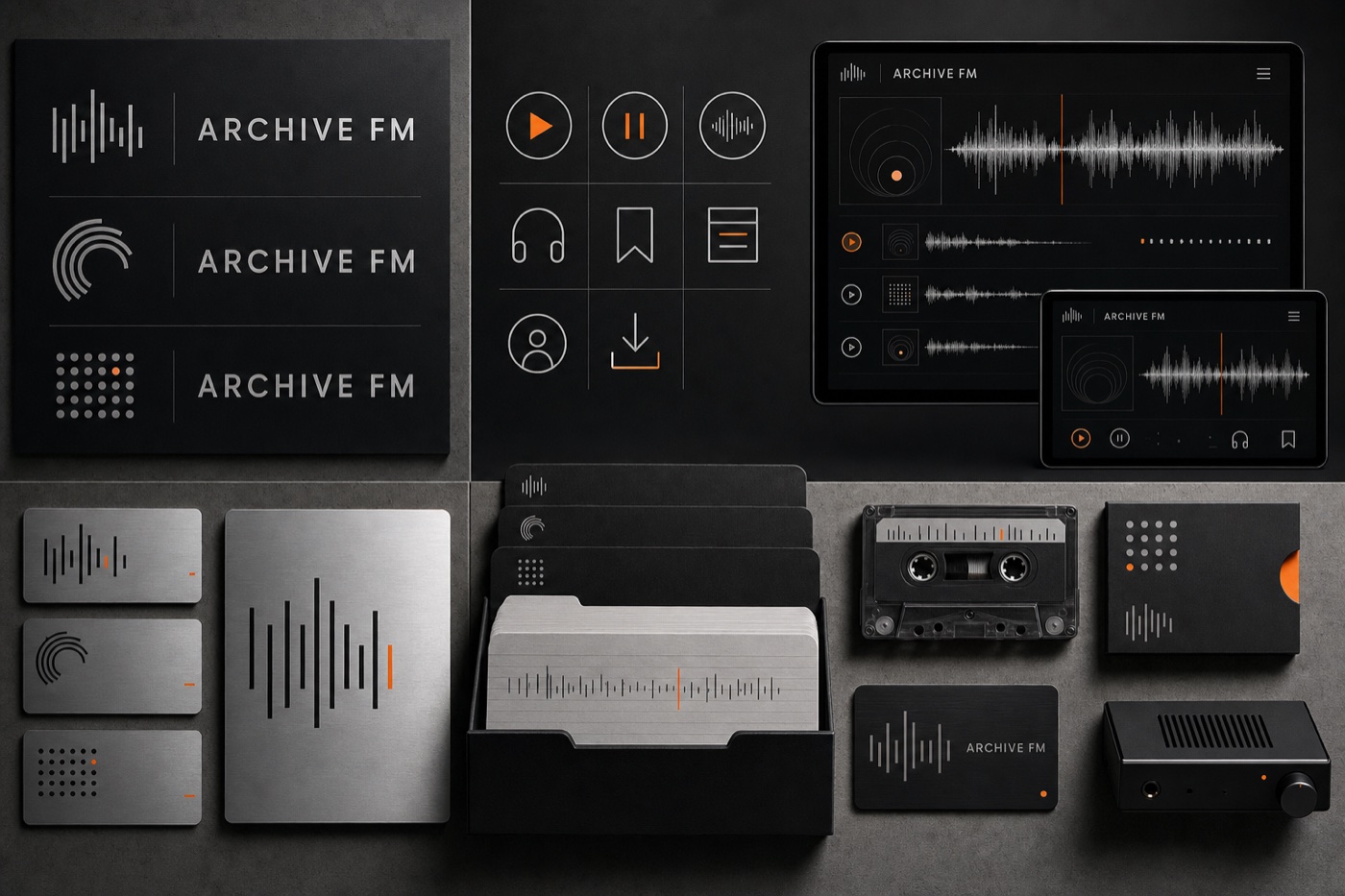 ARCHIVE FM audio identity, listening interface, index cards and tape applications