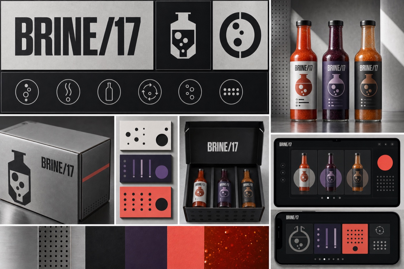 BRINE 17 fermentation logo system, condiment packaging and subscription interface