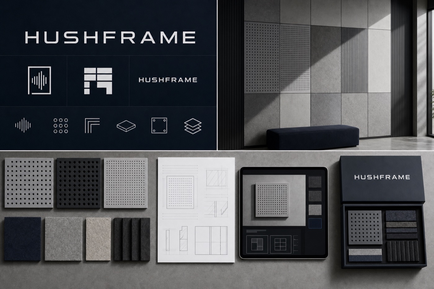 HUSHFRAME acoustic-panel identity, specification interface and material samples