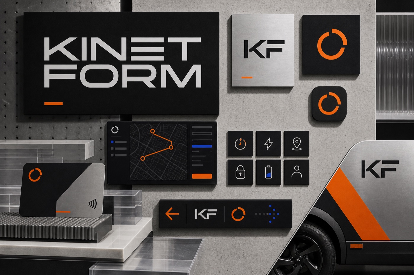 KINET FORM urban mobility logo system, route interface, icons and vehicle livery