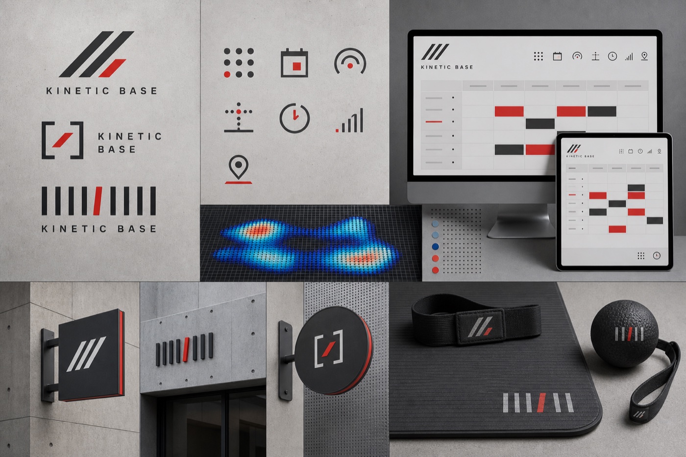 KINETIC BASE movement studio identity, booking interface and spatial applications