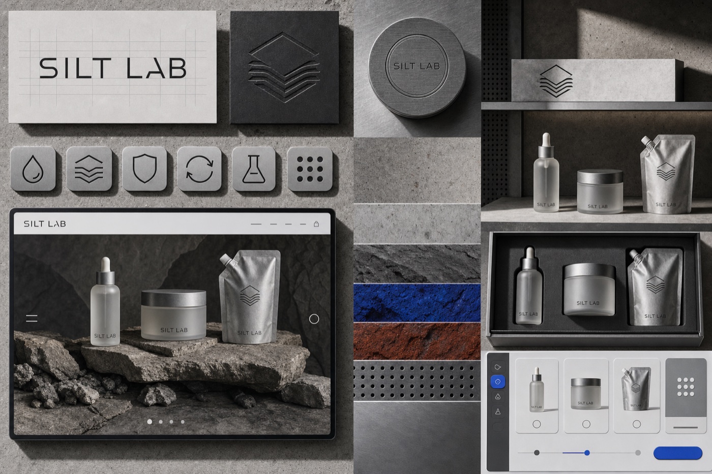 SILT LAB mineral skincare logo system, refill packaging and product interface