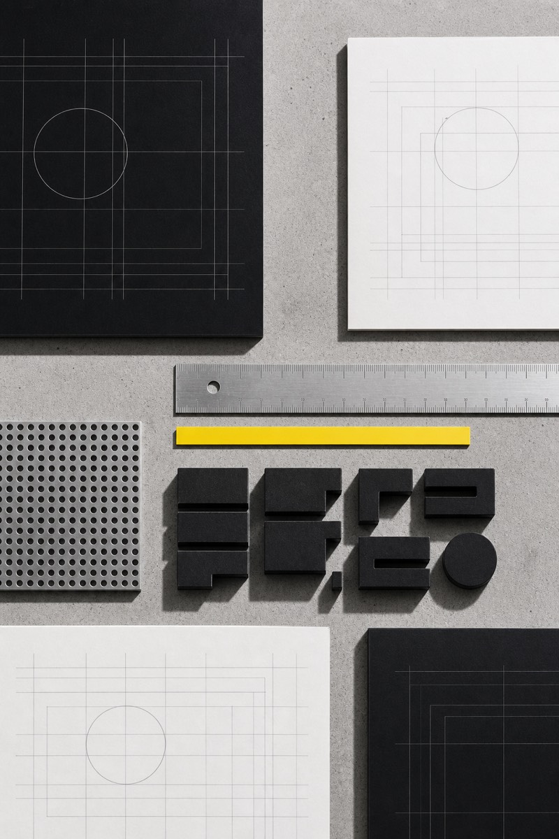 Industrial identity system materials in black, white, metal and yellow
