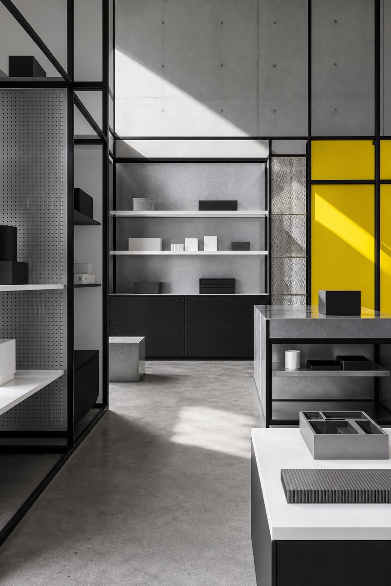 Industrial branded environment with a modular black, grey and yellow system