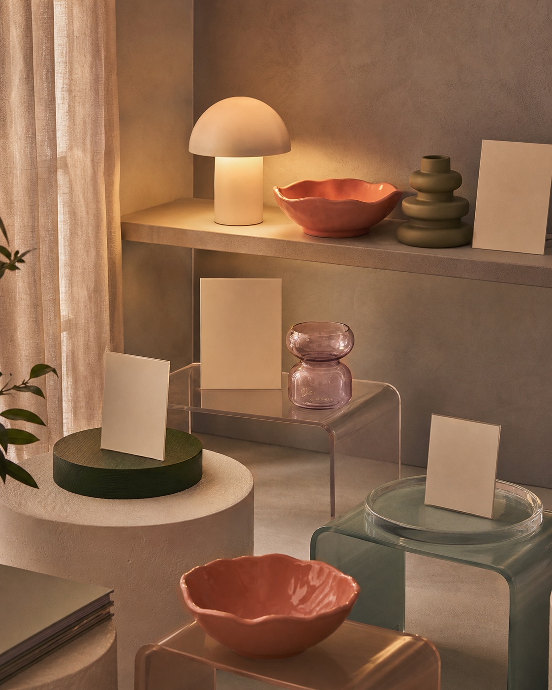 Relaxed evening display with tinted risers, warm light and blank sign cards