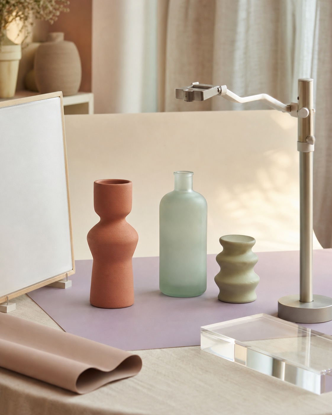Soft product photography setup with sculptural objects, frosted glass and a pale lilac backdrop